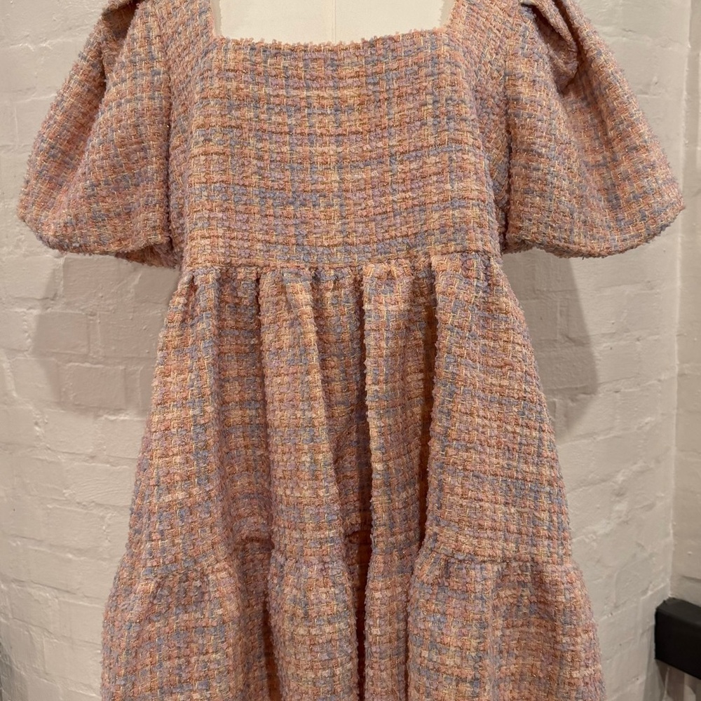 Hyacinth House by Tuckernuck Pink Tweed Nora Mini Dress SZ XL Tiered Milkmaid